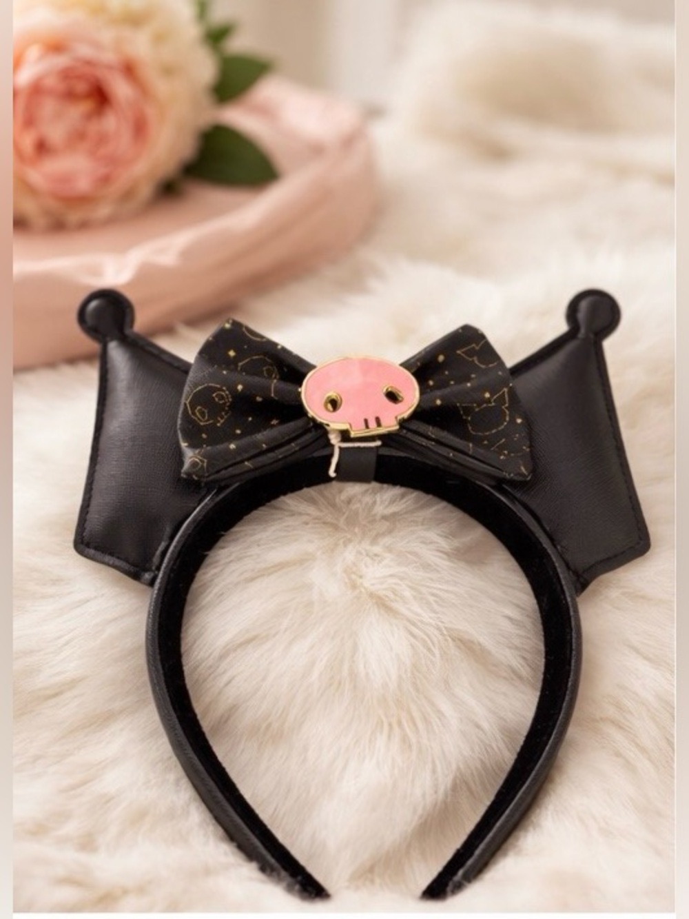 Loungefly Black Cat Ear Headband with Pink and Gold Bow